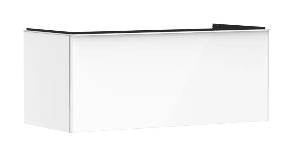 Weißer Waschtischunterschrank von Hansgrohe mit einem Schubkasten, gerader Form und glatter Oberfläche, ohne weitere sichtbare Details.